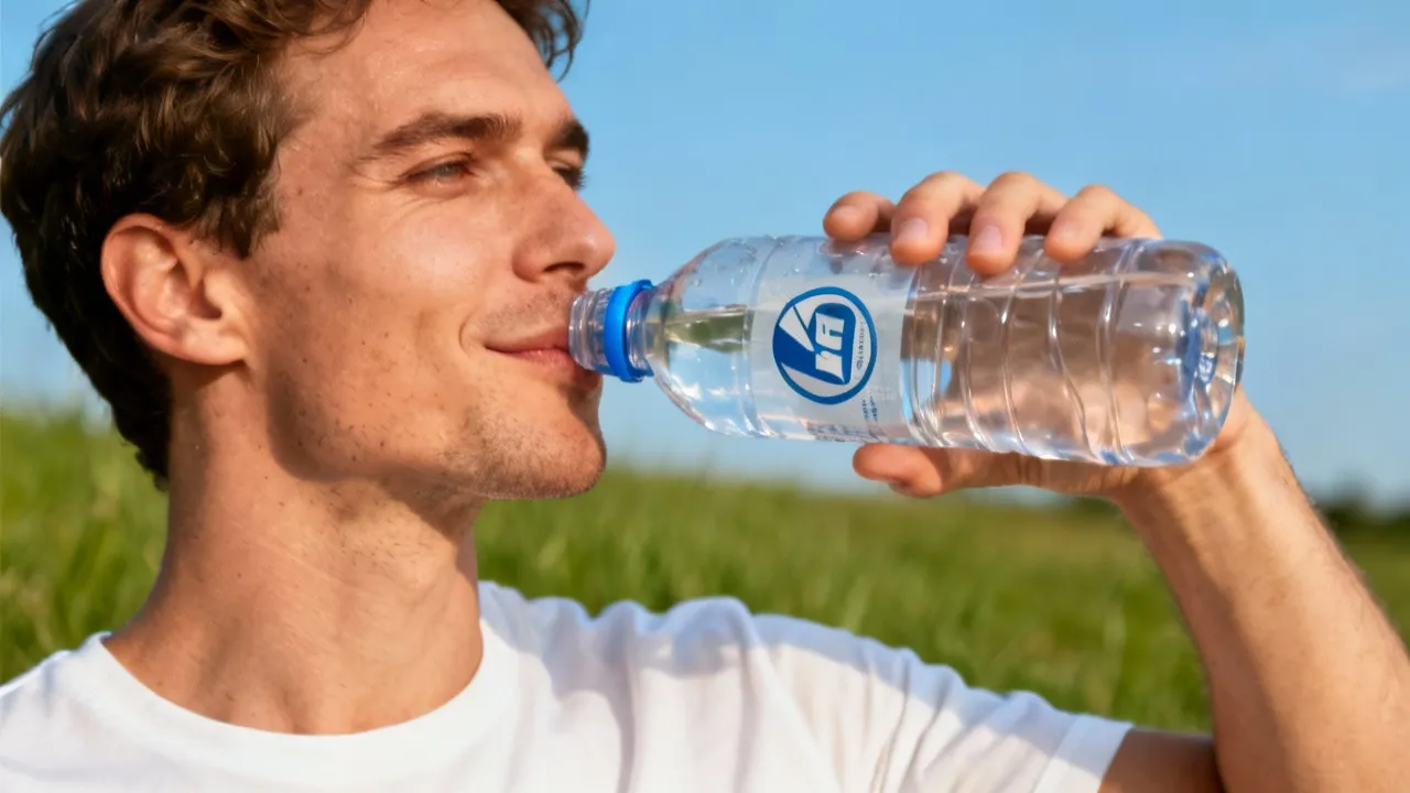 ชายคนหนึ่งดื่มน้ำจากขวด แล้วแสดงขวดให้กล้องดู